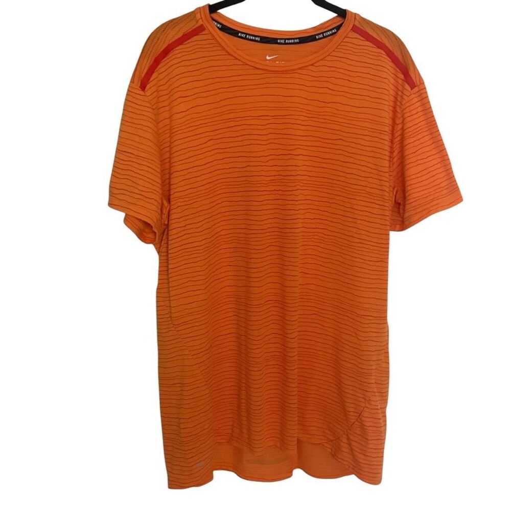 NIKE Running Men’s Dri-Fit T-Shirt Sz XL Orange with Red Stripes Short Sleeve